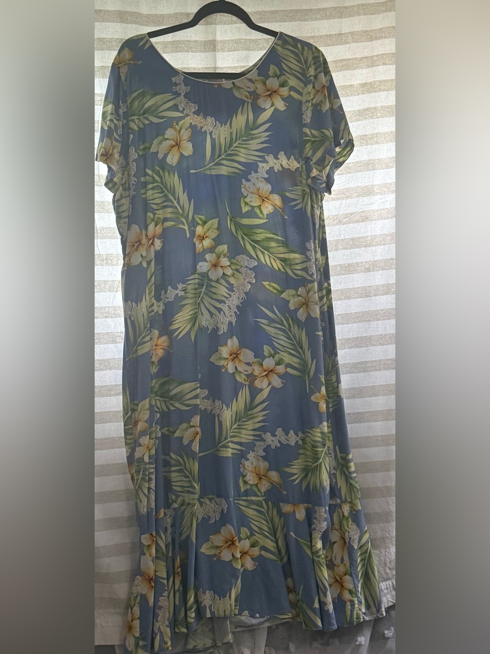 Hawaiian Two Palms rayon Floral Blue Midi Dress Tropical Print 3x fits like 2X